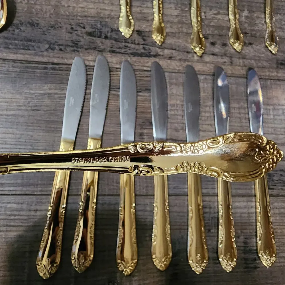 Gold Toned Flatware stainless china setting for 8 plus serving Utinsels X